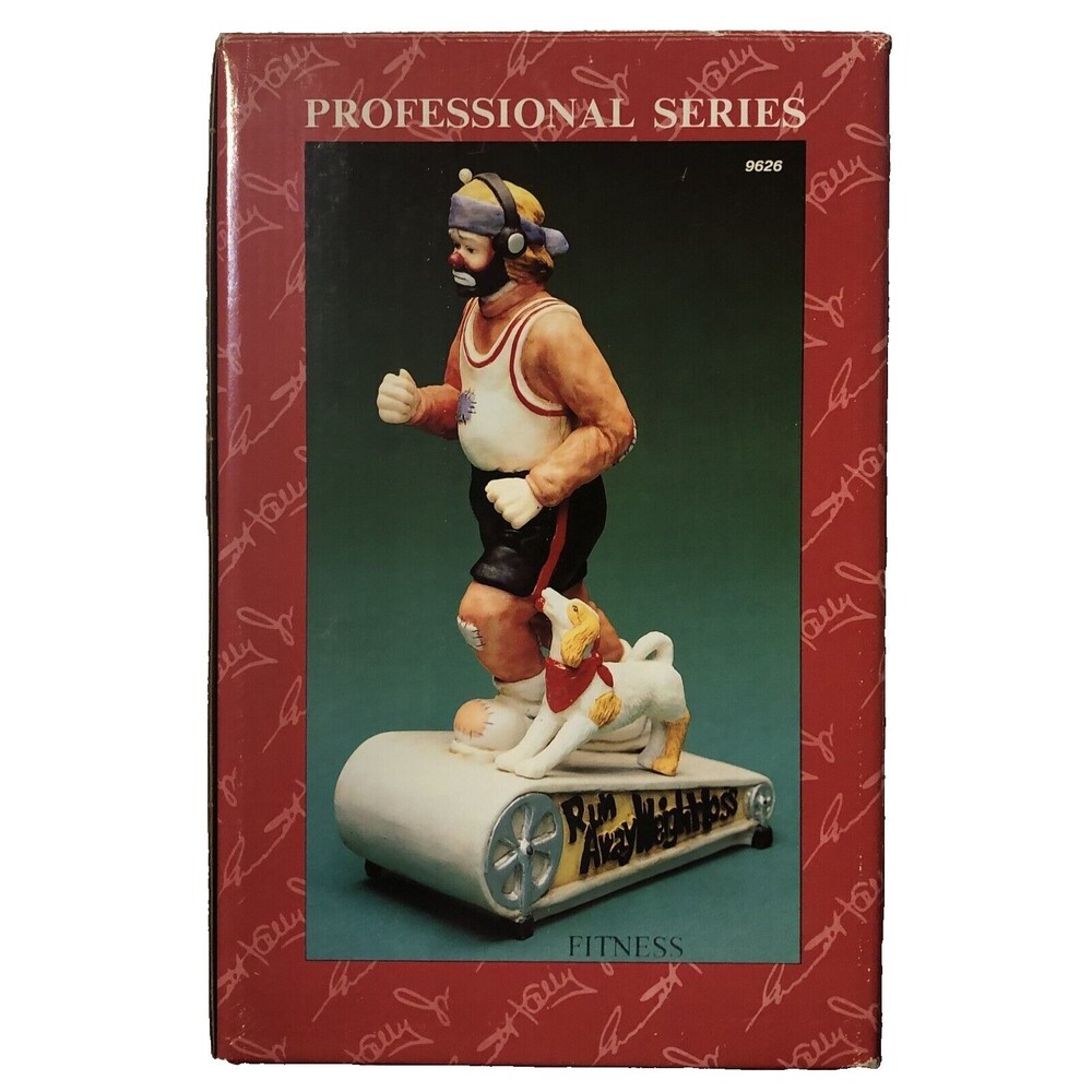 Emmett Kelly Jr 9626 FITNESS  Flambro Clown Porcelain FigurineWood Base 1997 VTG